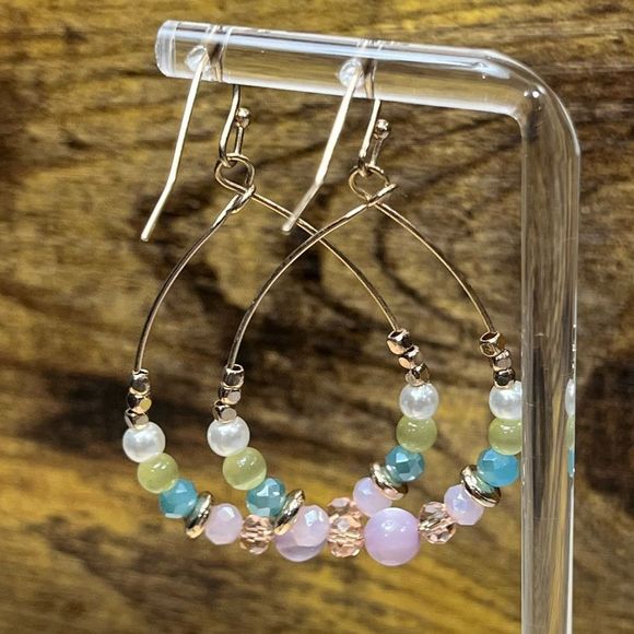 Multicolor Beaded Rose Gold Dangling Earrings - Picture 6 of 6